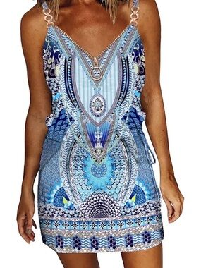 Boho Blue Print Mini Dress | Spaghetti Strap | Summer Resort Beach | Size Medium
